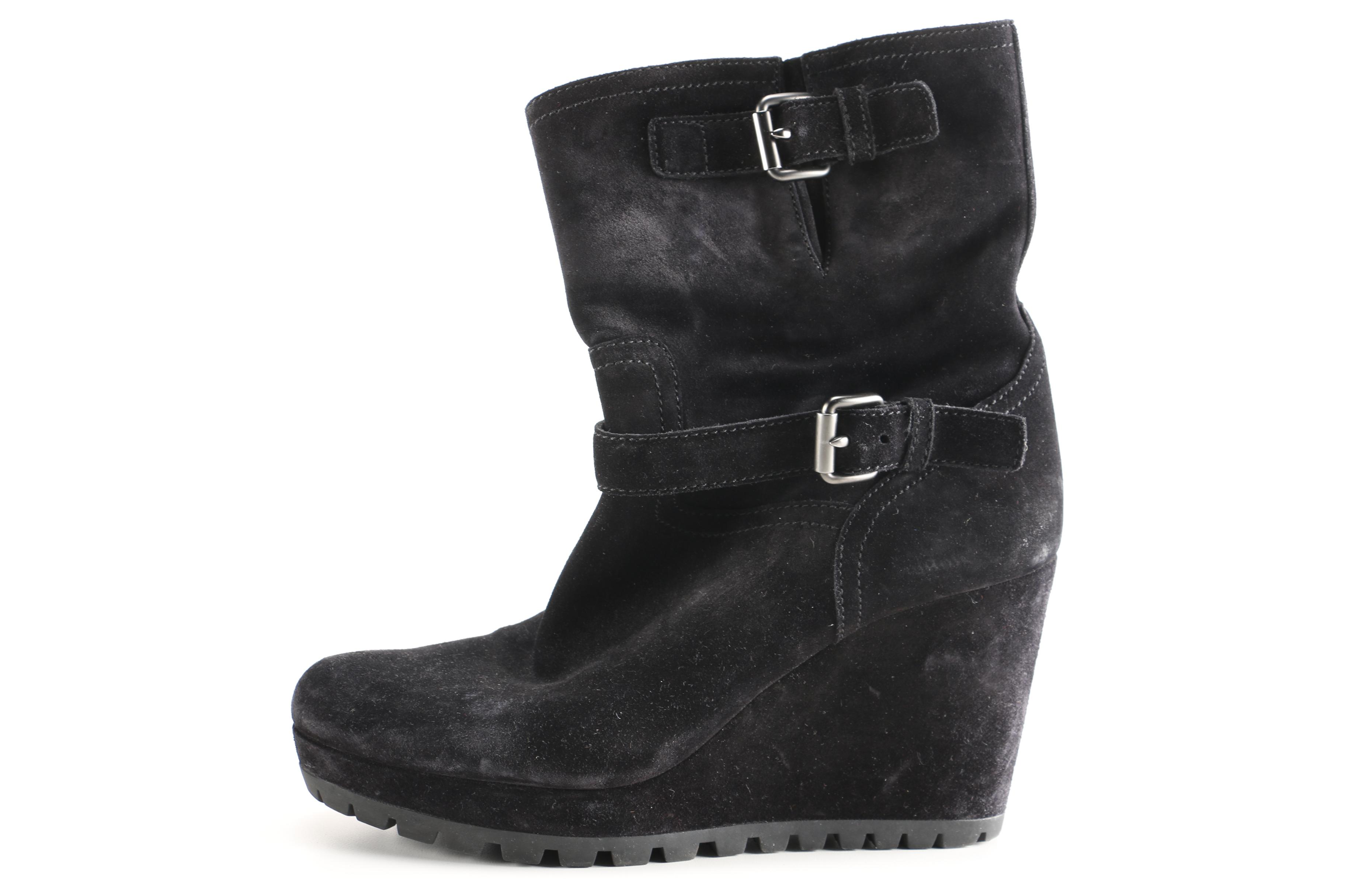Prada Black Suede Wedge Boots