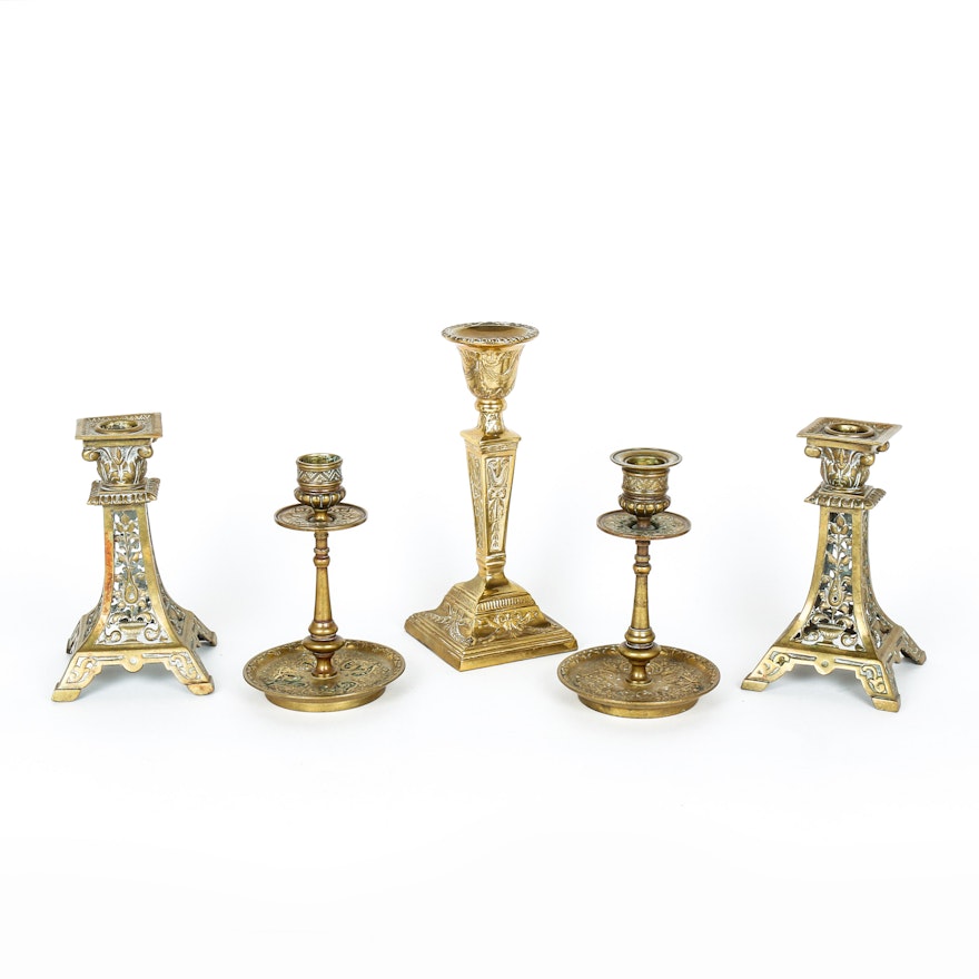 Group of Five Ornate Brass Candlestick Holders Including Andrea by Sadek
