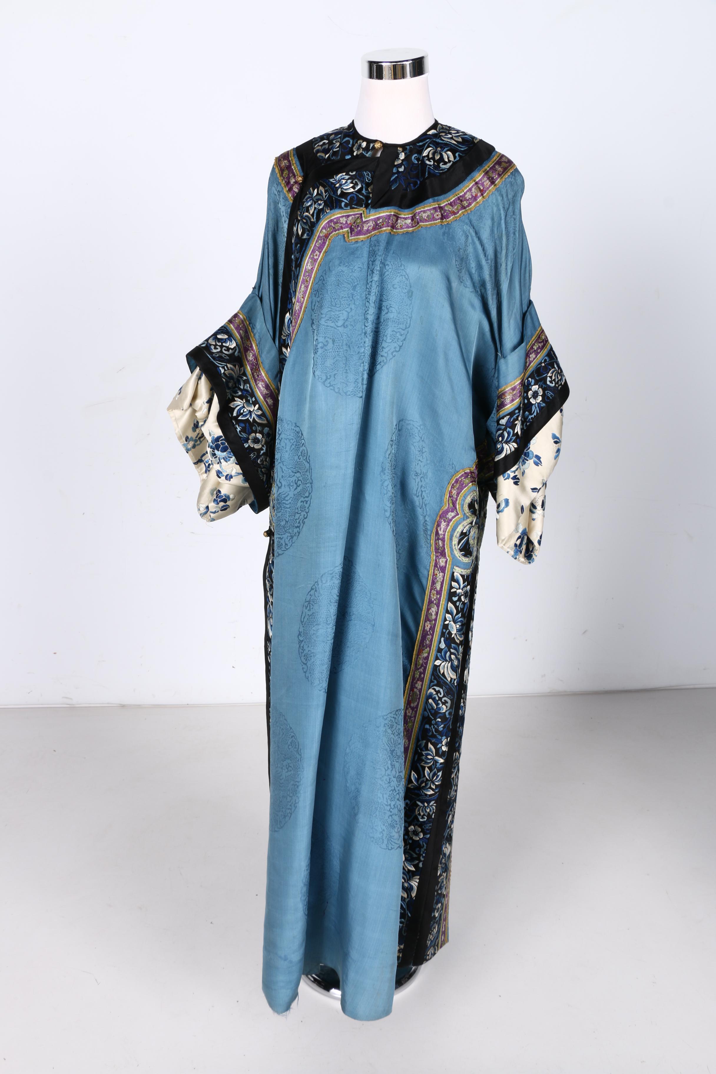 Two 19th Century Chinese Blue Silk Robes With Embroidery