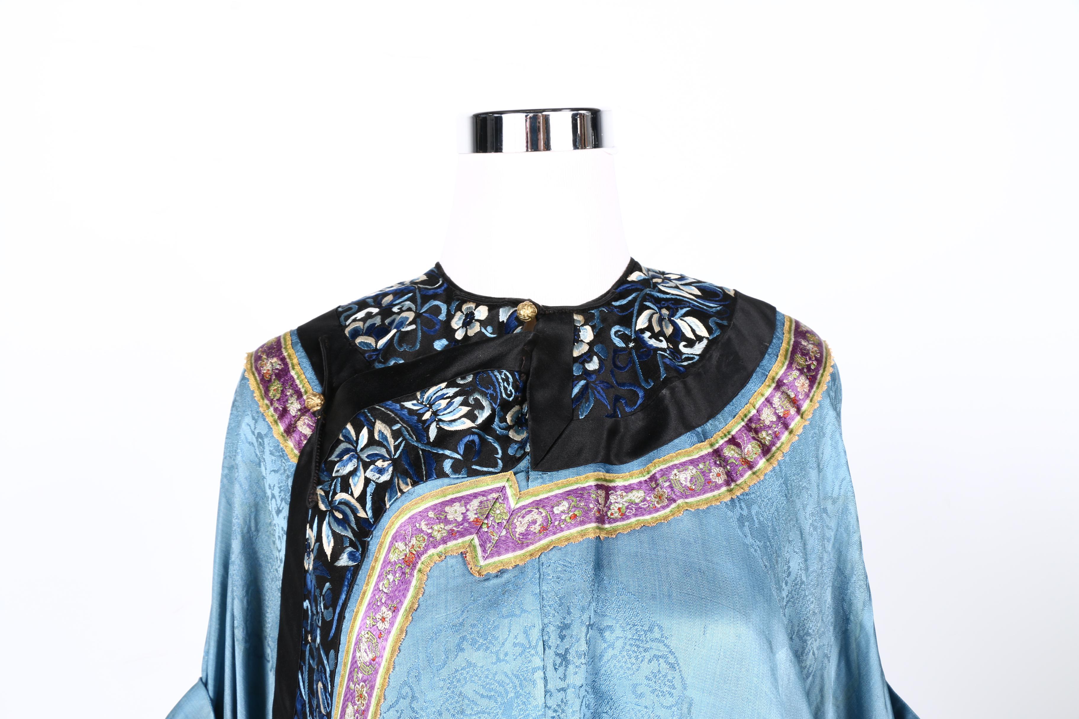 Two 19th Century Chinese Blue Silk Robes With Embroidery