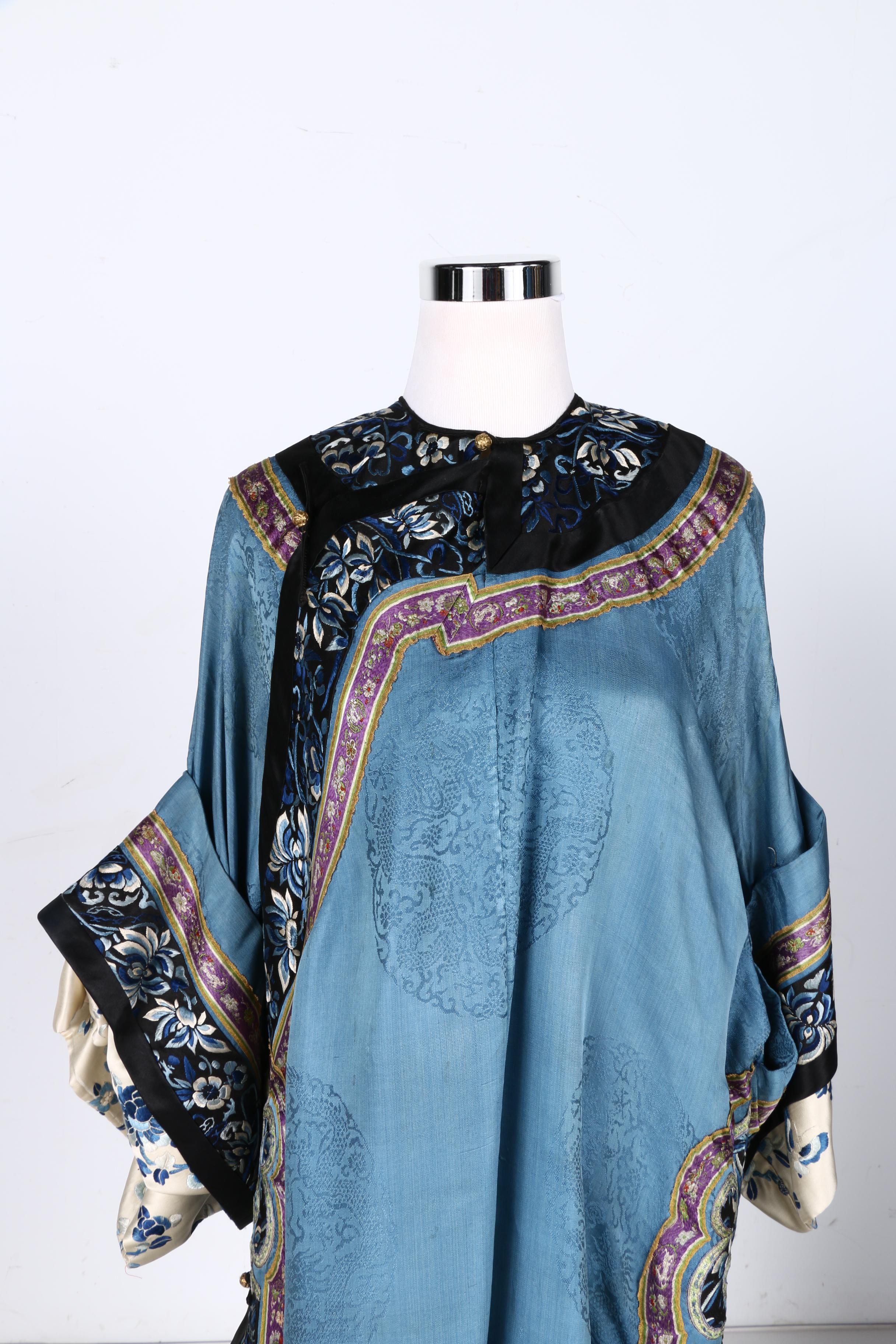 Two 19th Century Chinese Blue Silk Robes With Embroidery