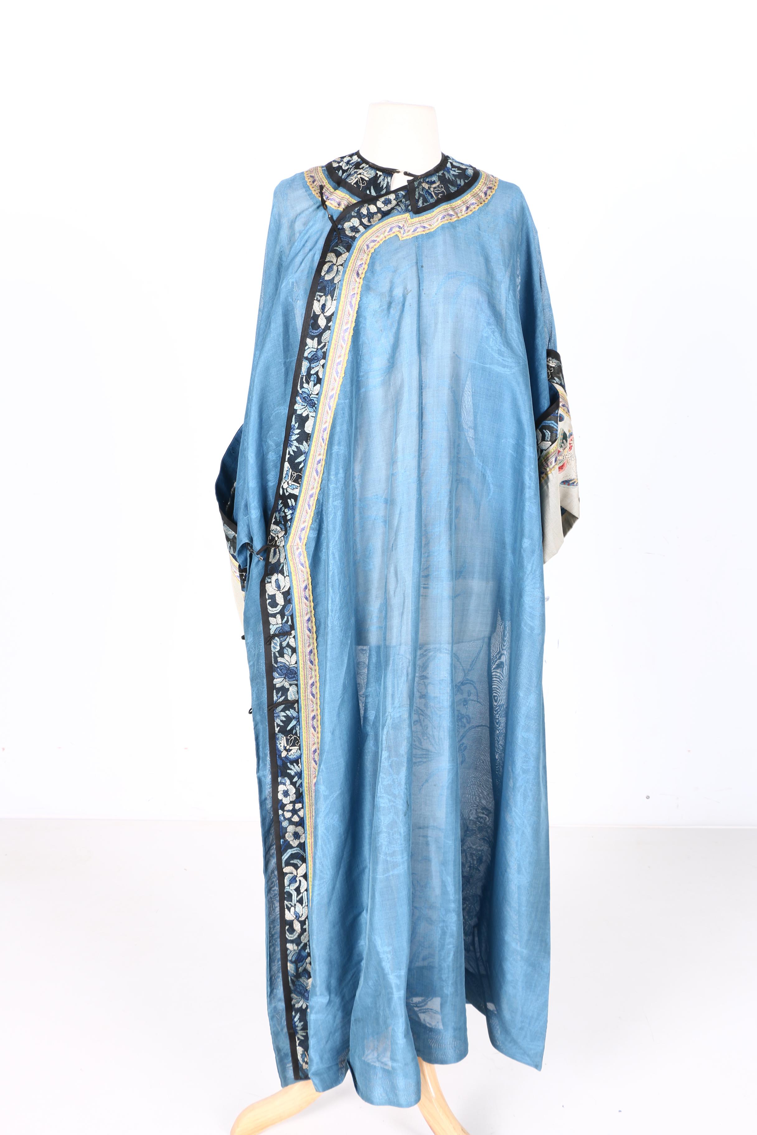 Two 19th Century Chinese Blue Silk Robes With Embroidery