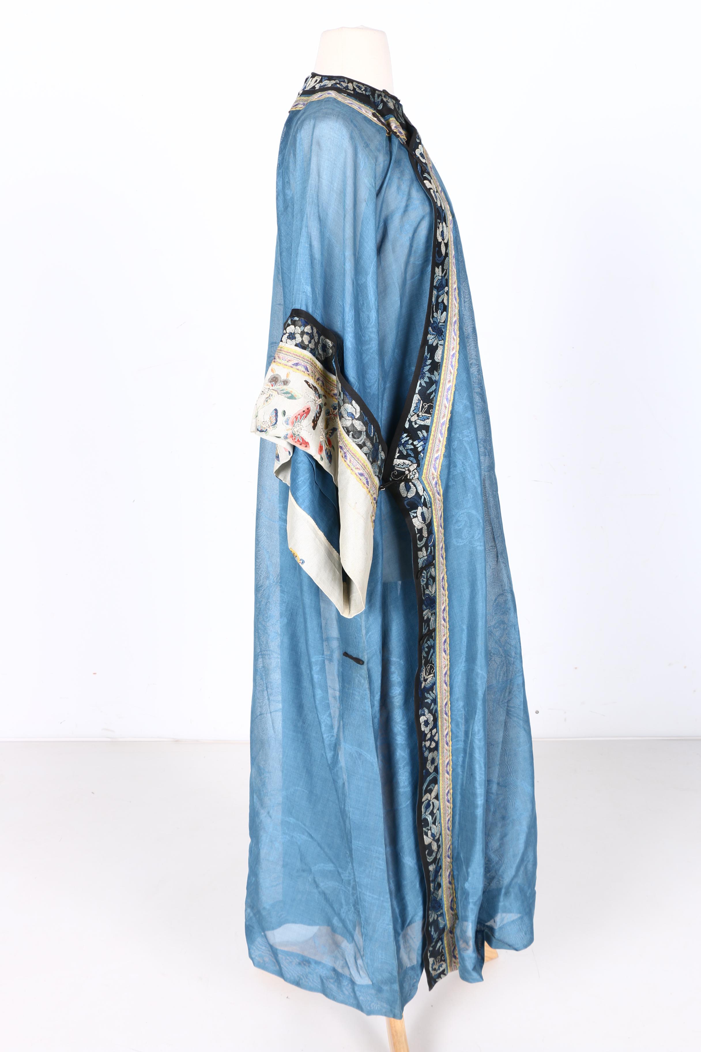 Two 19th Century Chinese Blue Silk Robes With Embroidery