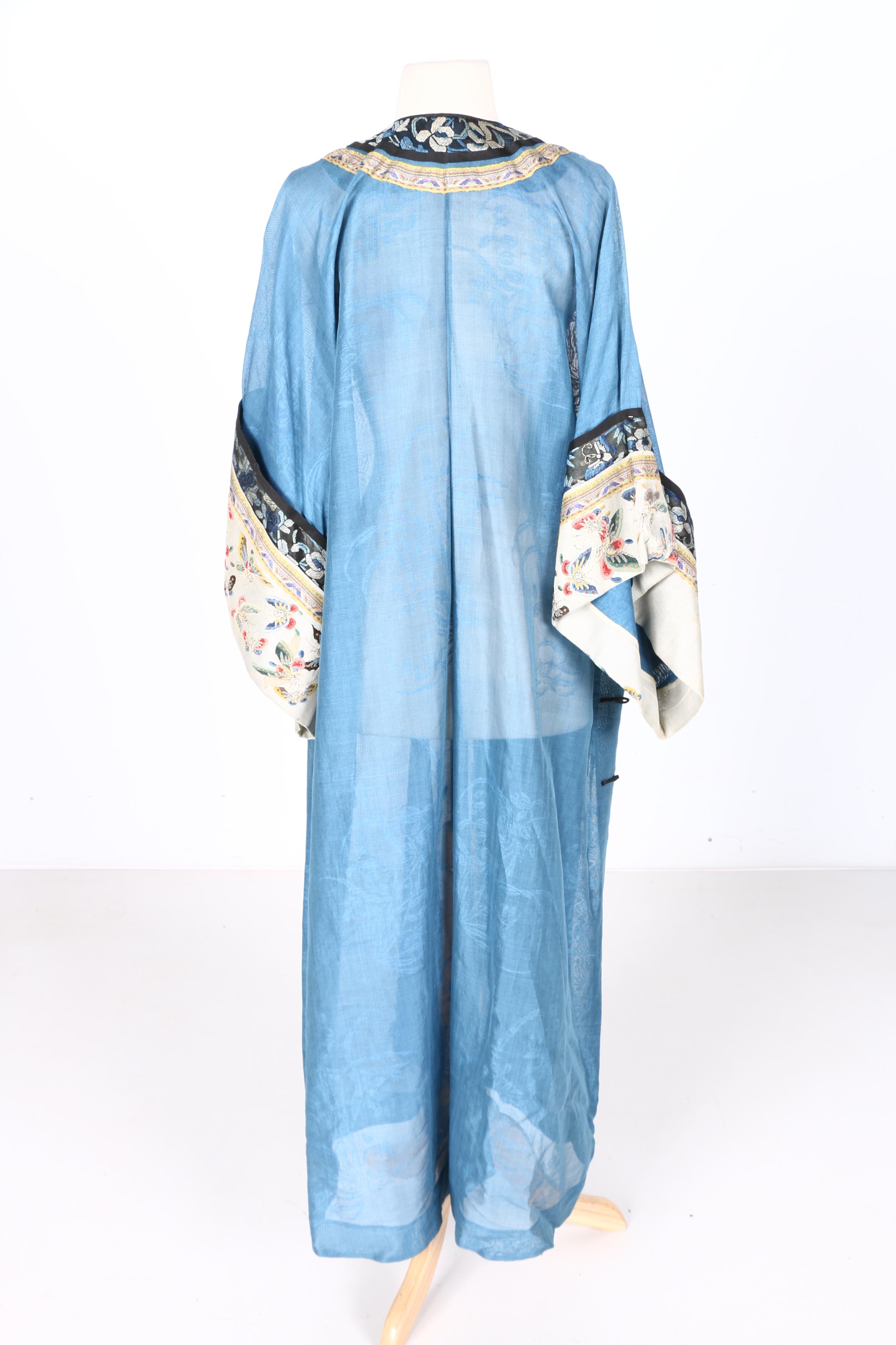 Two 19th Century Chinese Blue Silk Robes With Embroidery