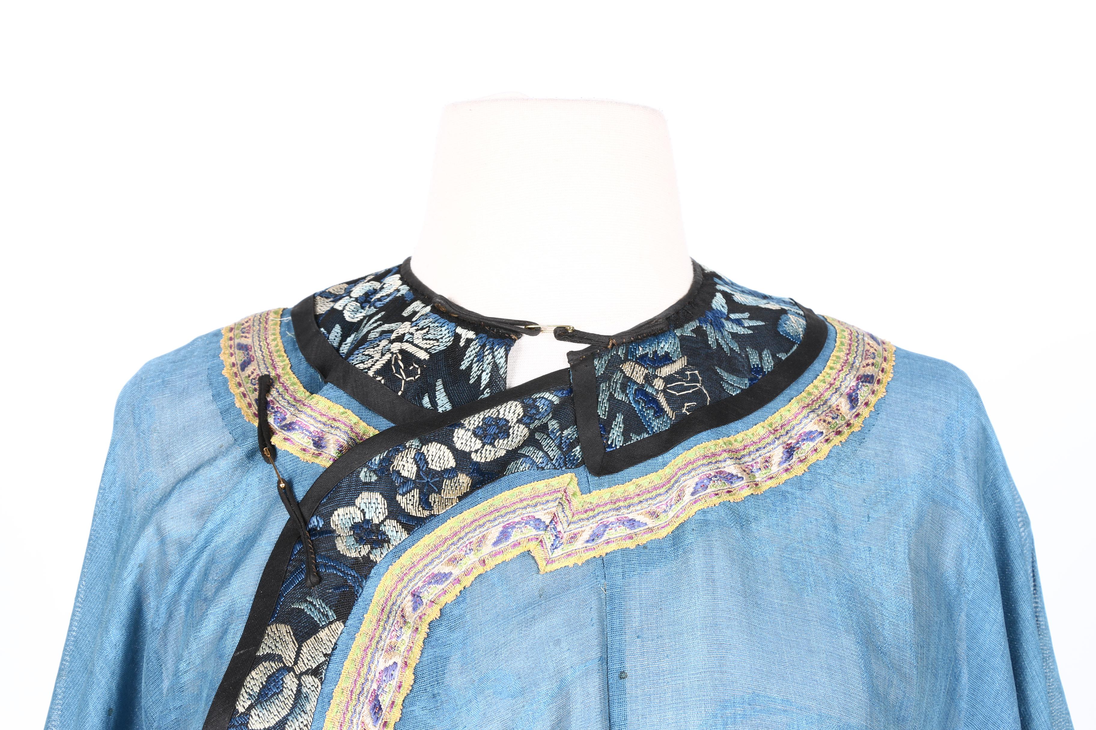 Two 19th Century Chinese Blue Silk Robes With Embroidery