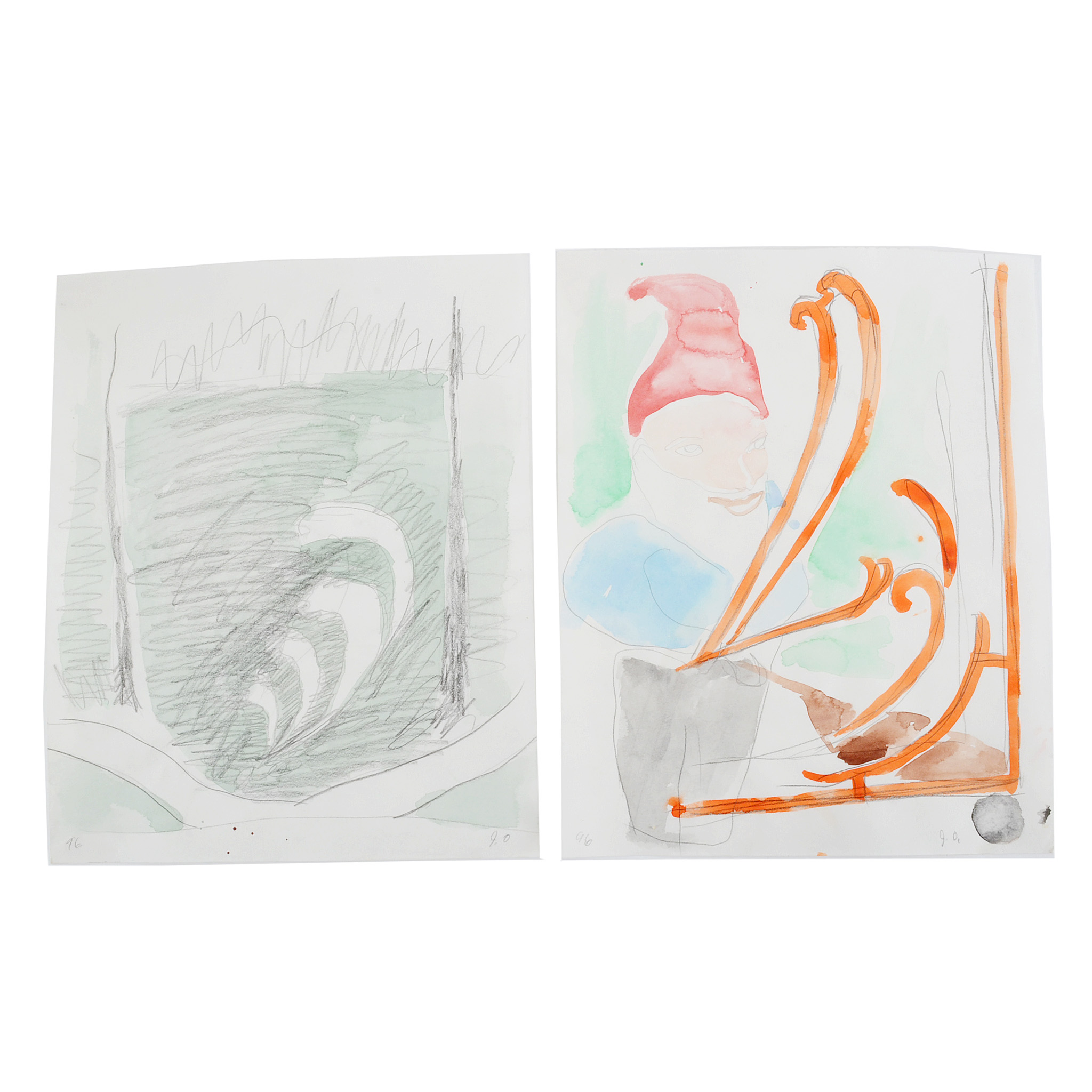 Two Joel Otterson Original 1996 Watercolor Sketches from Series "10 Studies for Sculpture"