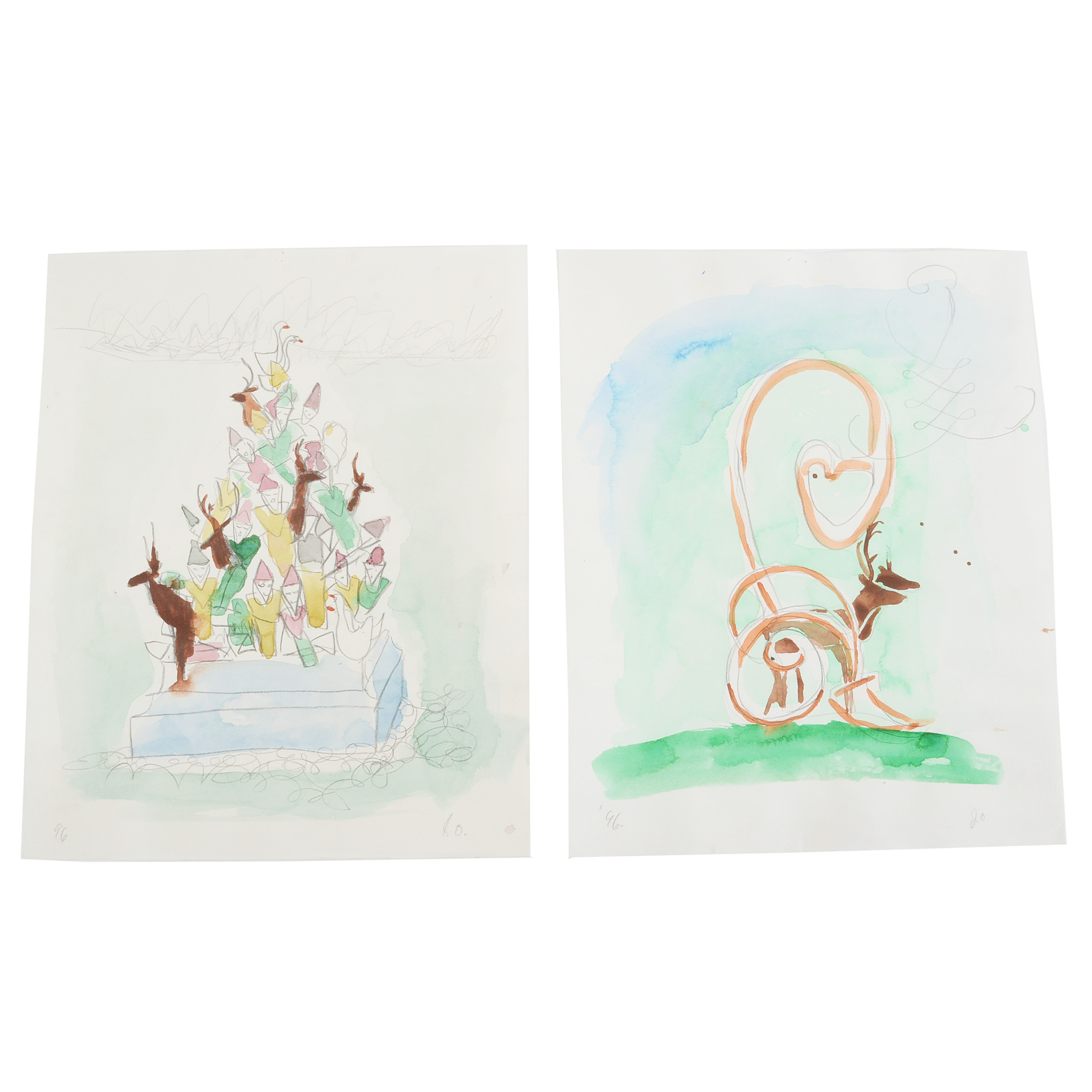 Two Joel Otterson Original 1996 Watercolor Sketches from Series "10 Studies for Sculpture"