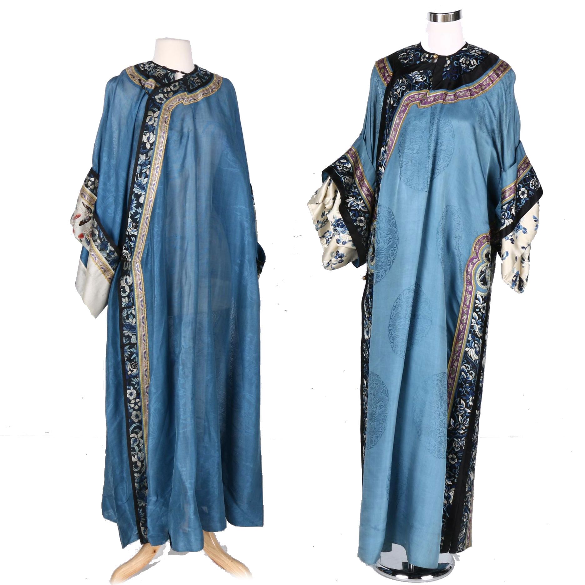 Two 19th Century Chinese Blue Silk Robes With Embroidery