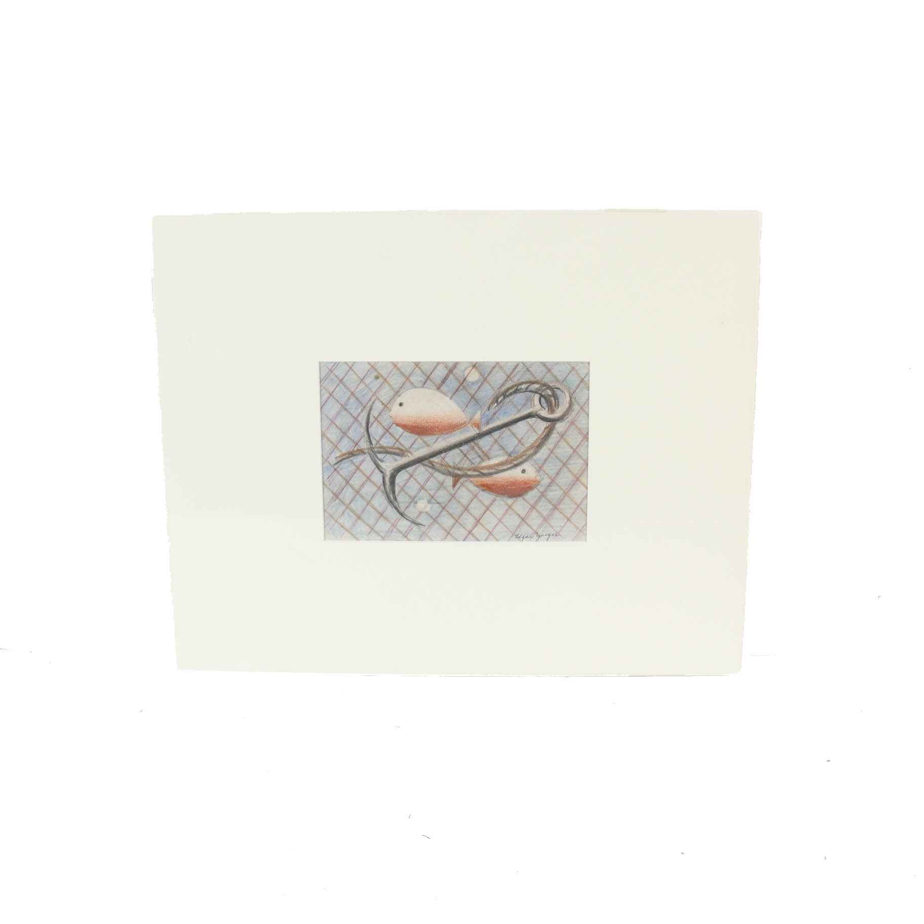 Edgar Yaeger Pastel Drawing on Paper of Fish and Anchor