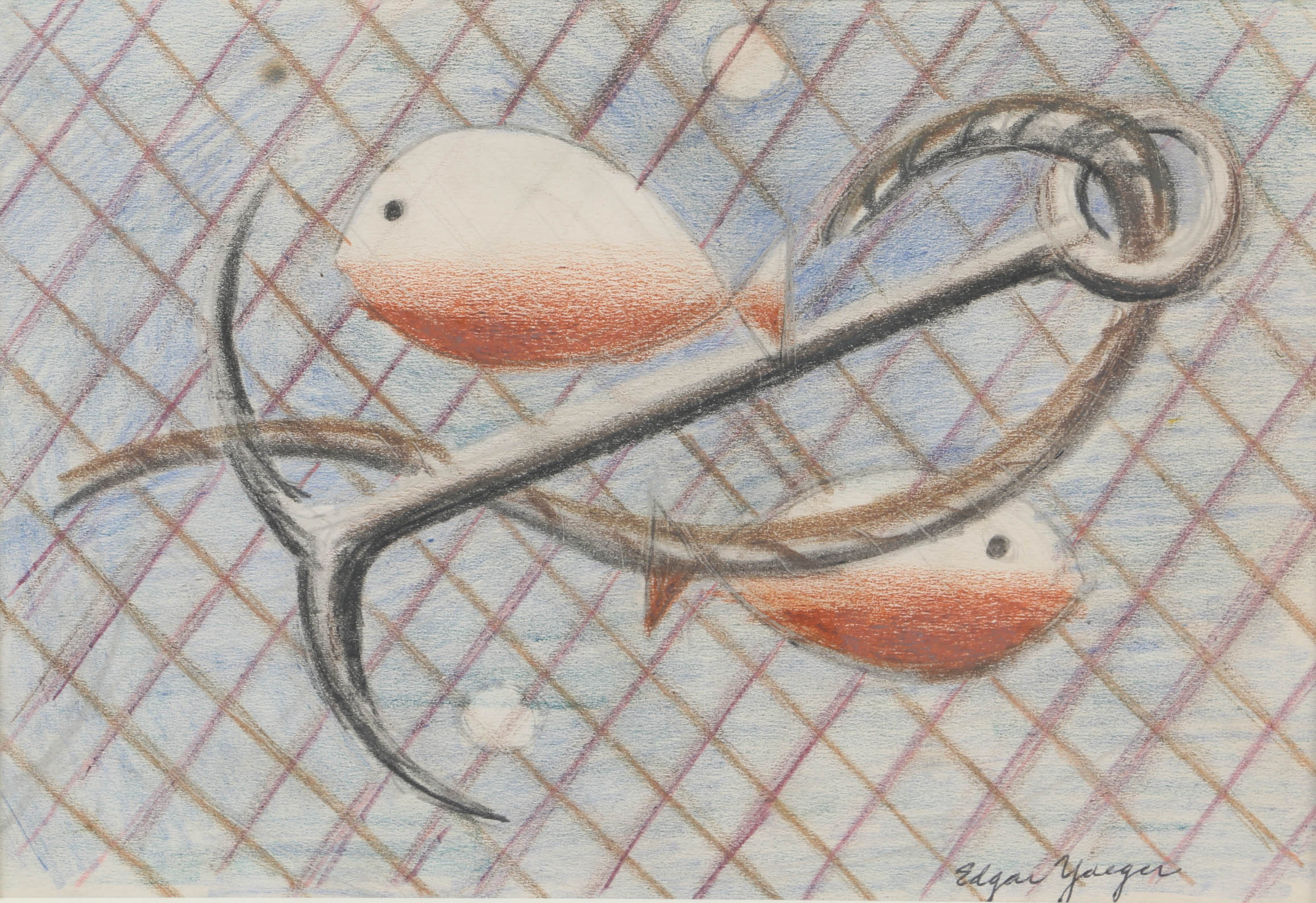 Edgar Yaeger Pastel Drawing on Paper of Fish and Anchor