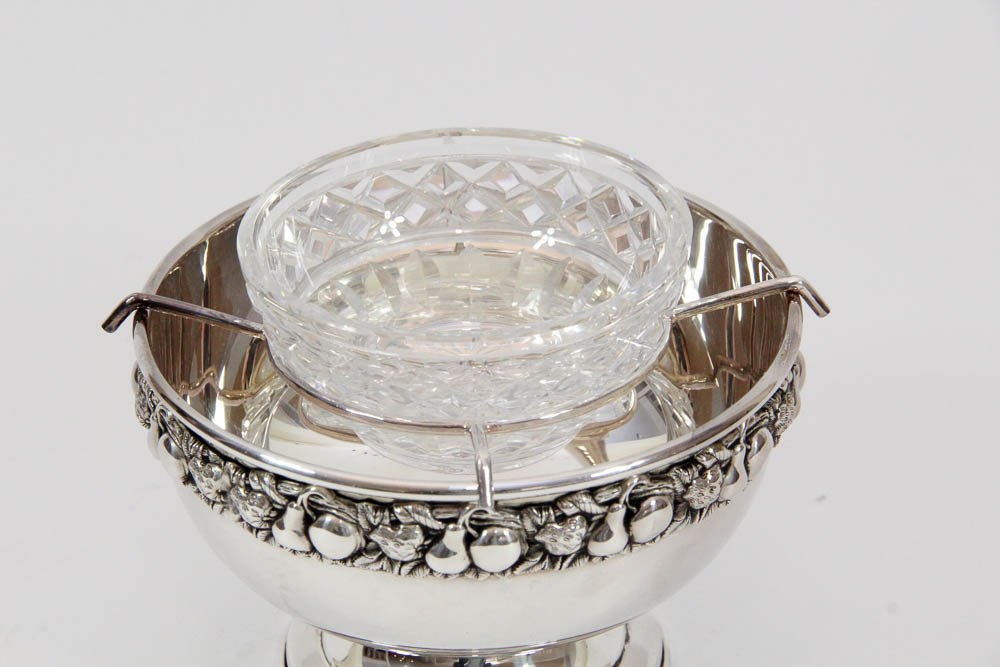 Silver Plate Caviar Server With Cut Crystal Bowl