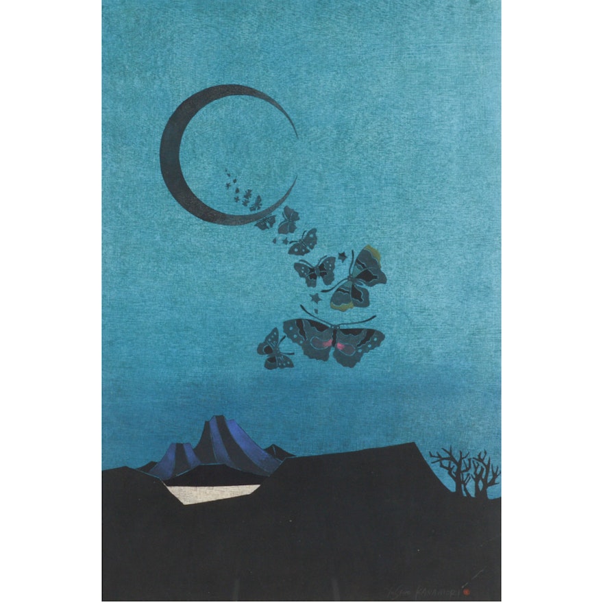 Yoshio Kanamori Woodblock "Butterflies Mountain and Lake"