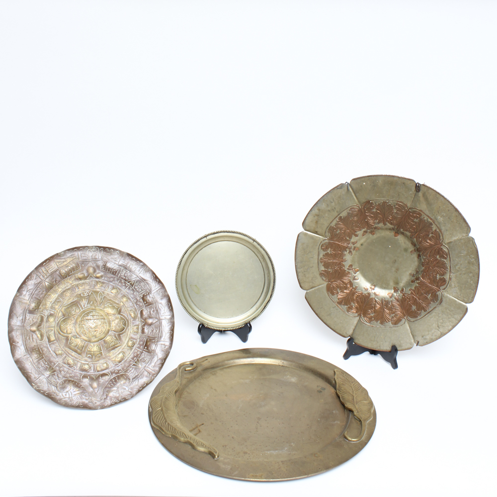 Collection of Brass and Copper, Silver Plate Serving Trays