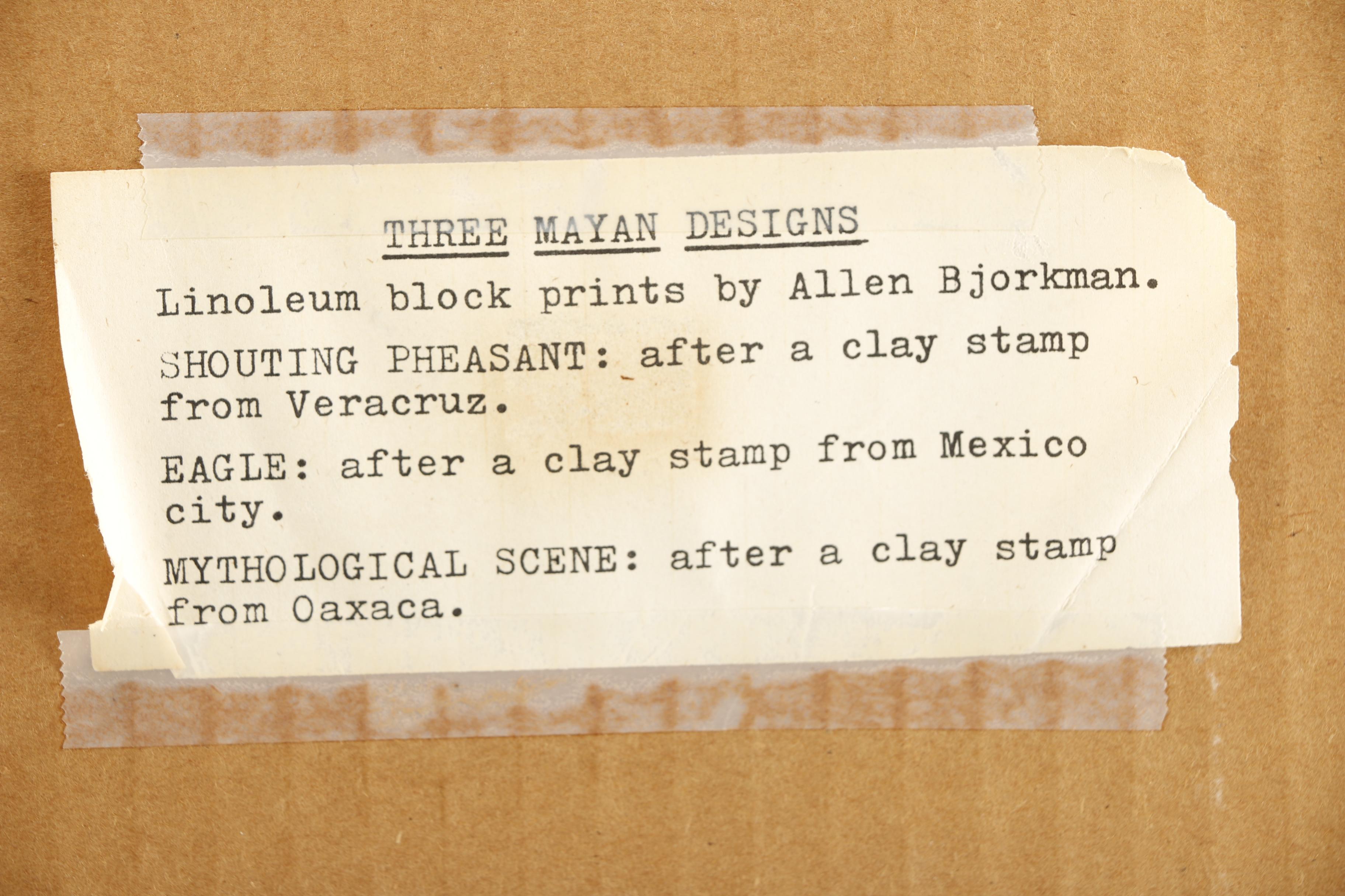 Allen Bjorkman Linoleum Prints of Mayan and East Asian Designs