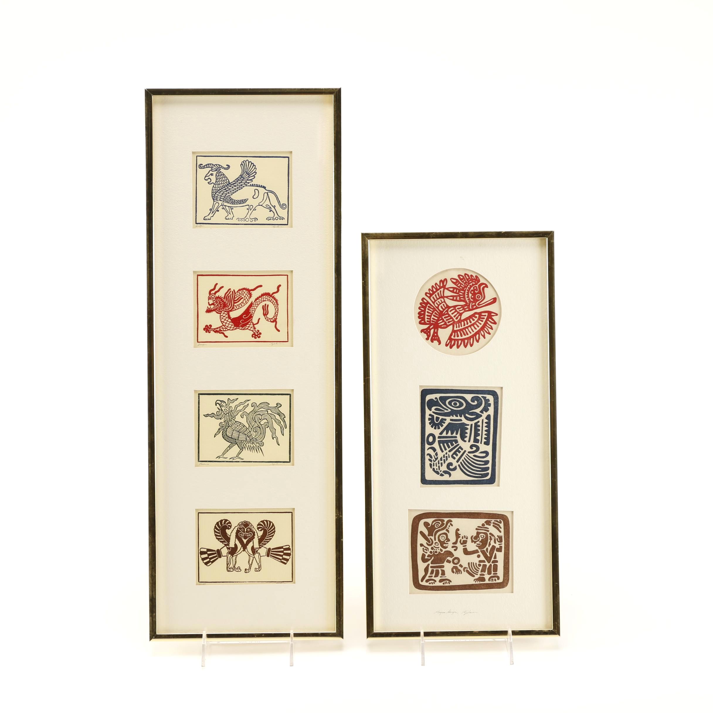 Allen Bjorkman Linoleum Prints of Mayan and East Asian Designs