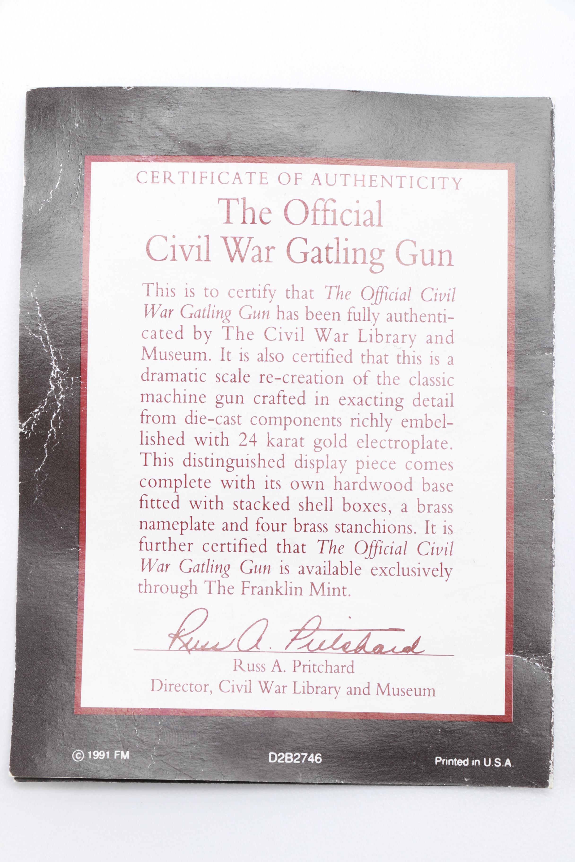 Miniature 24K Plated Civil War Gatling Gun Die-Cast Model