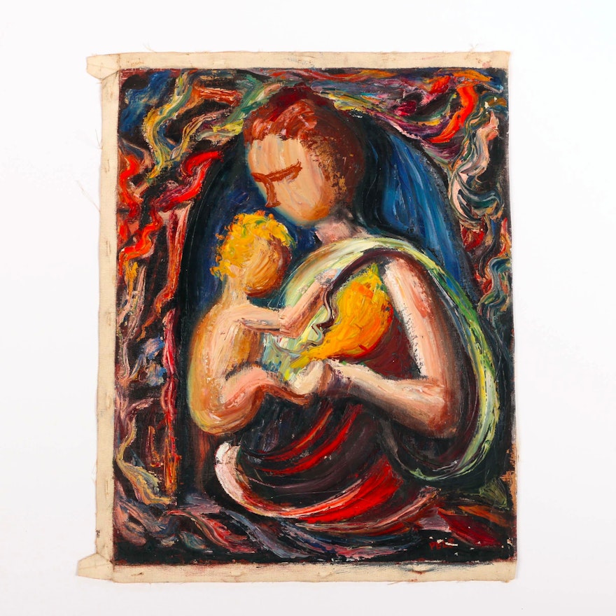 Albert Pels Original Oil Painting on Unstretched Canvas of Mother and Child Motif