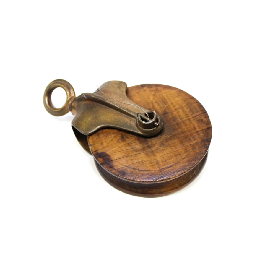 Antique Solid Brass and Wood Pulley