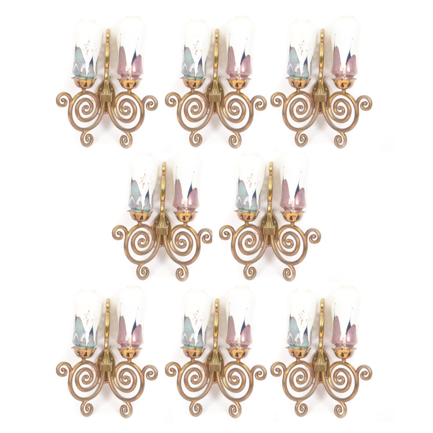 Eight Scroll-Arm Wall Sconces with Ceramic Shades