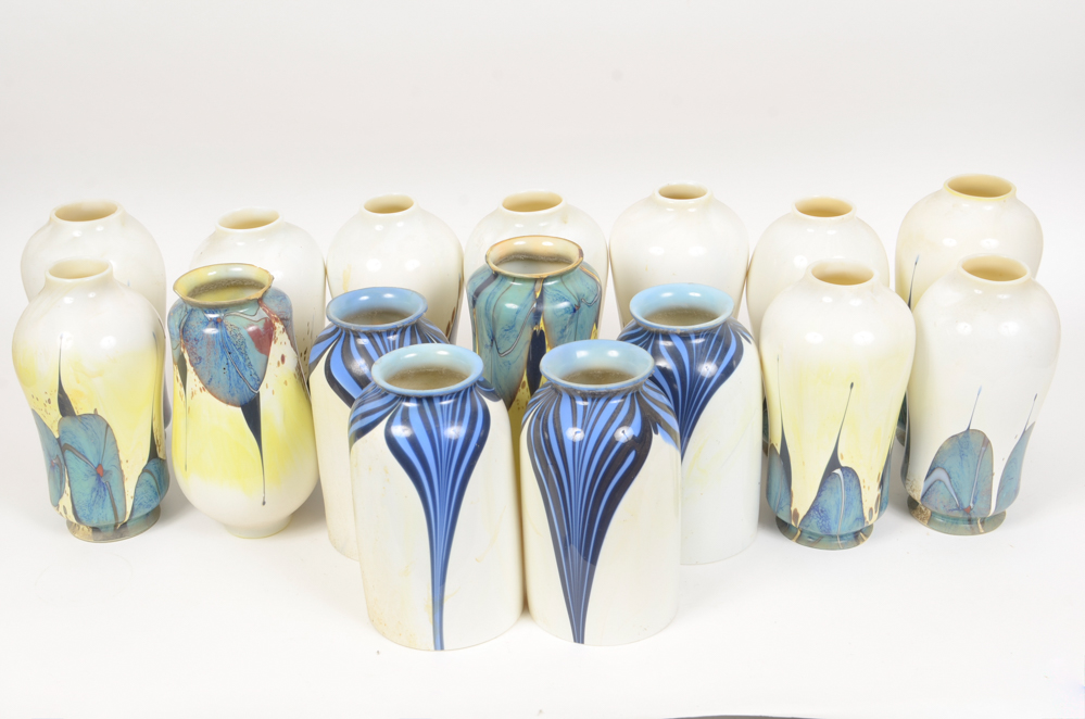 Eight Scroll-Arm Wall Sconces with Ceramic Shades