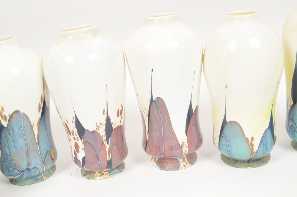 Eight Scroll-Arm Wall Sconces with Ceramic Shades