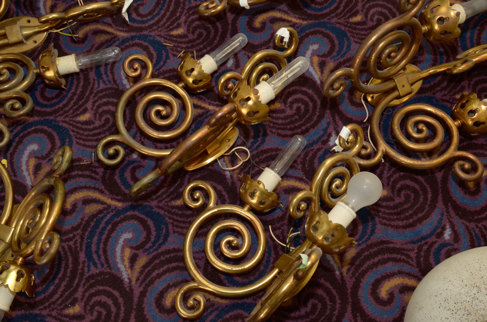 Eight Scroll-Arm Wall Sconces with Ceramic Shades