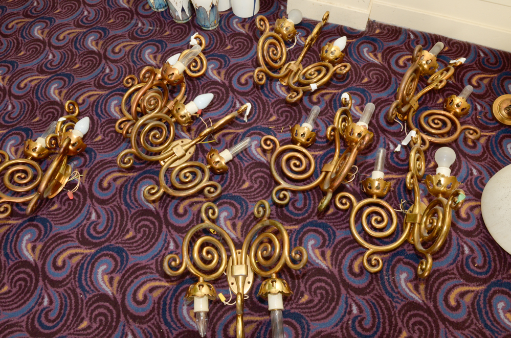 Eight Scroll-Arm Wall Sconces with Ceramic Shades