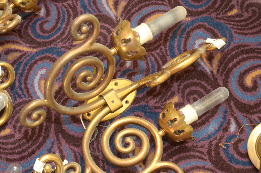 Eight Scroll-Arm Wall Sconces with Ceramic Shades