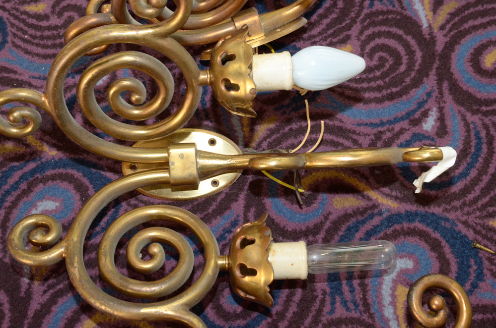 Eight Scroll-Arm Wall Sconces with Ceramic Shades