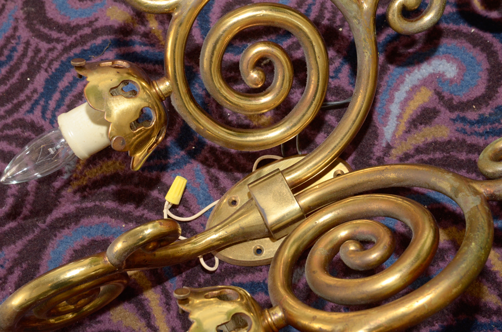 Eight Scroll-Arm Wall Sconces with Ceramic Shades