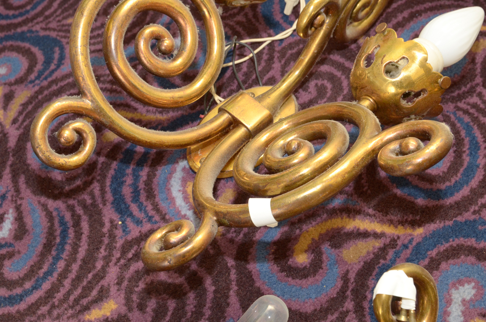 Eight Scroll-Arm Wall Sconces with Ceramic Shades