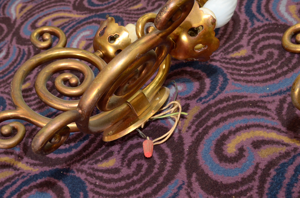 Eight Scroll-Arm Wall Sconces with Ceramic Shades