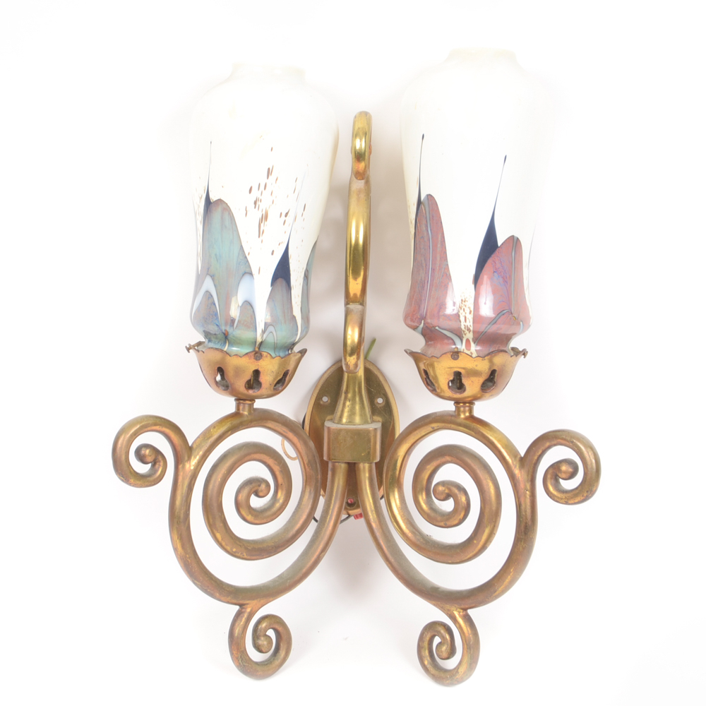 Eight Scroll-Arm Wall Sconces with Ceramic Shades