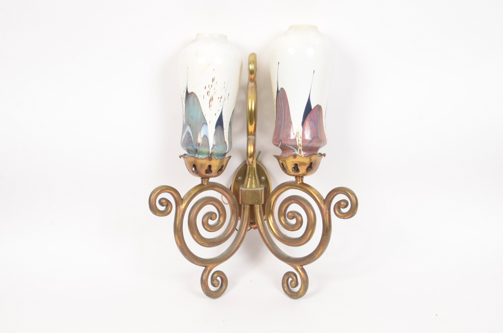 Eight Scroll-Arm Wall Sconces with Ceramic Shades