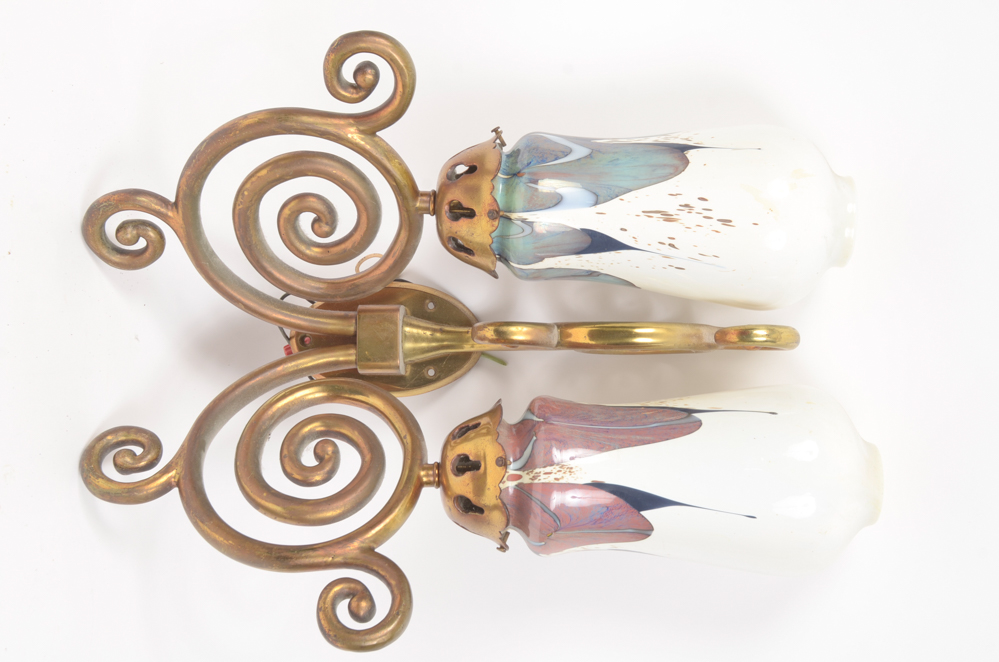 Eight Scroll-Arm Wall Sconces with Ceramic Shades