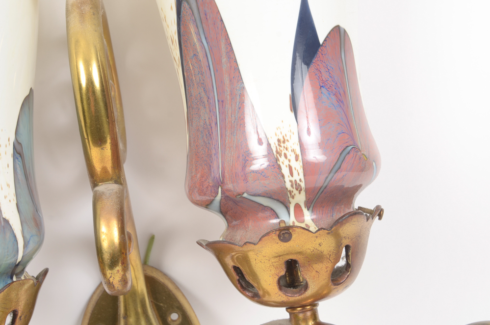 Eight Scroll-Arm Wall Sconces with Ceramic Shades