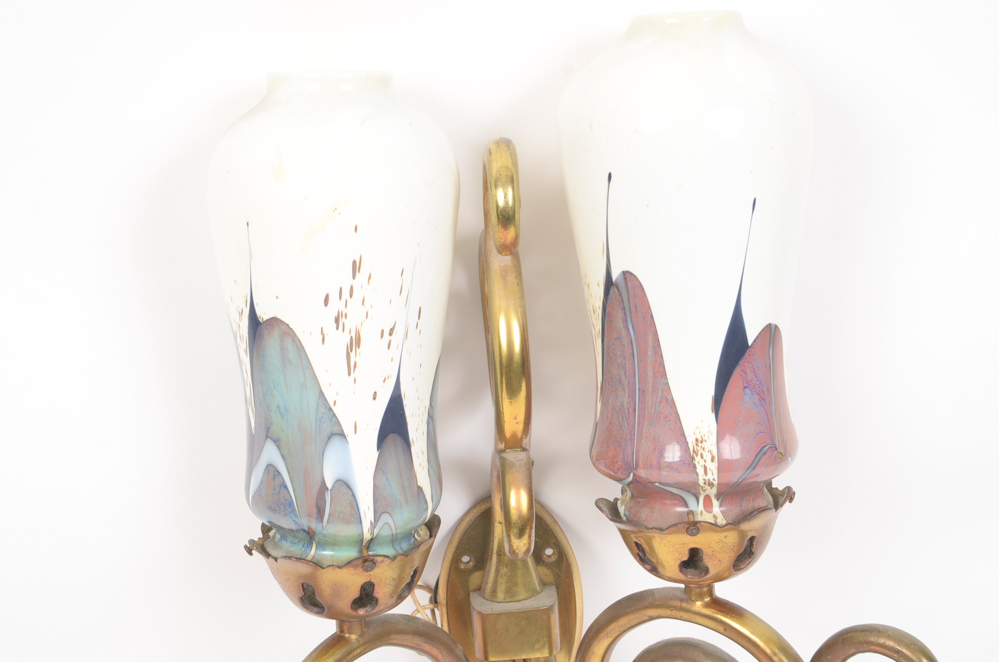 Eight Scroll-Arm Wall Sconces with Ceramic Shades