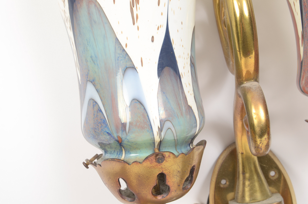 Eight Scroll-Arm Wall Sconces with Ceramic Shades