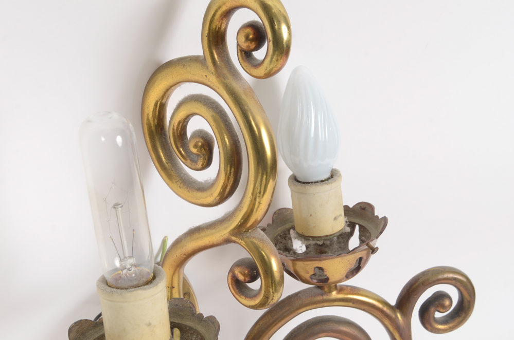 Eight Scroll-Arm Wall Sconces with Ceramic Shades