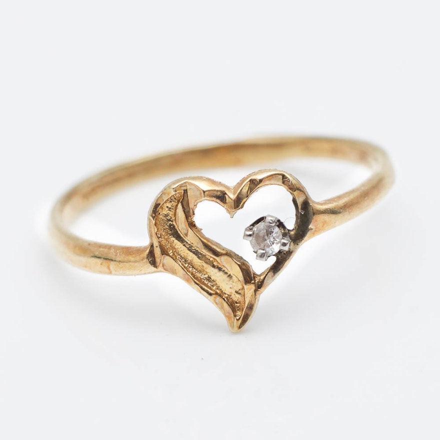 14K Yellow Gold Heart Ring with Stone