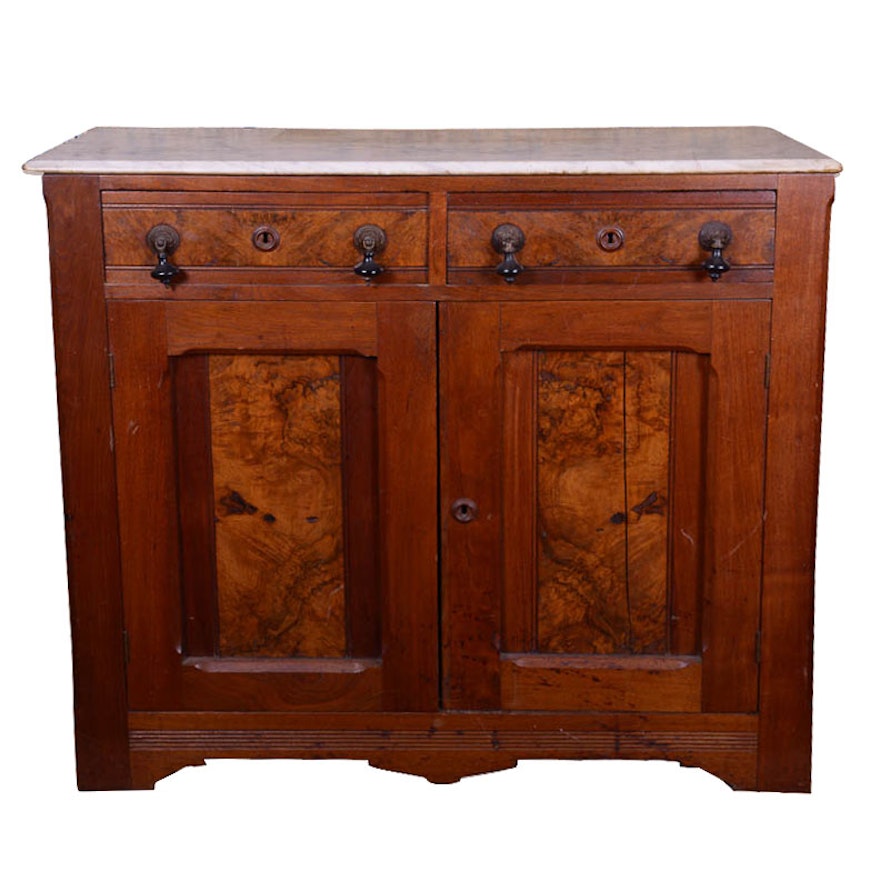 Antique Marble Top and Burlwood Cabinet