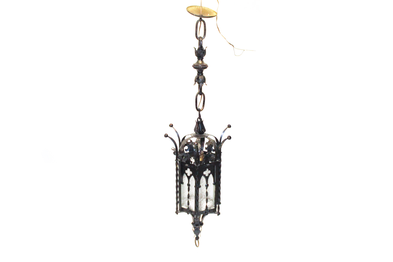 Gothic Style Wrought Iron and Glass Ceiling Light Fixture