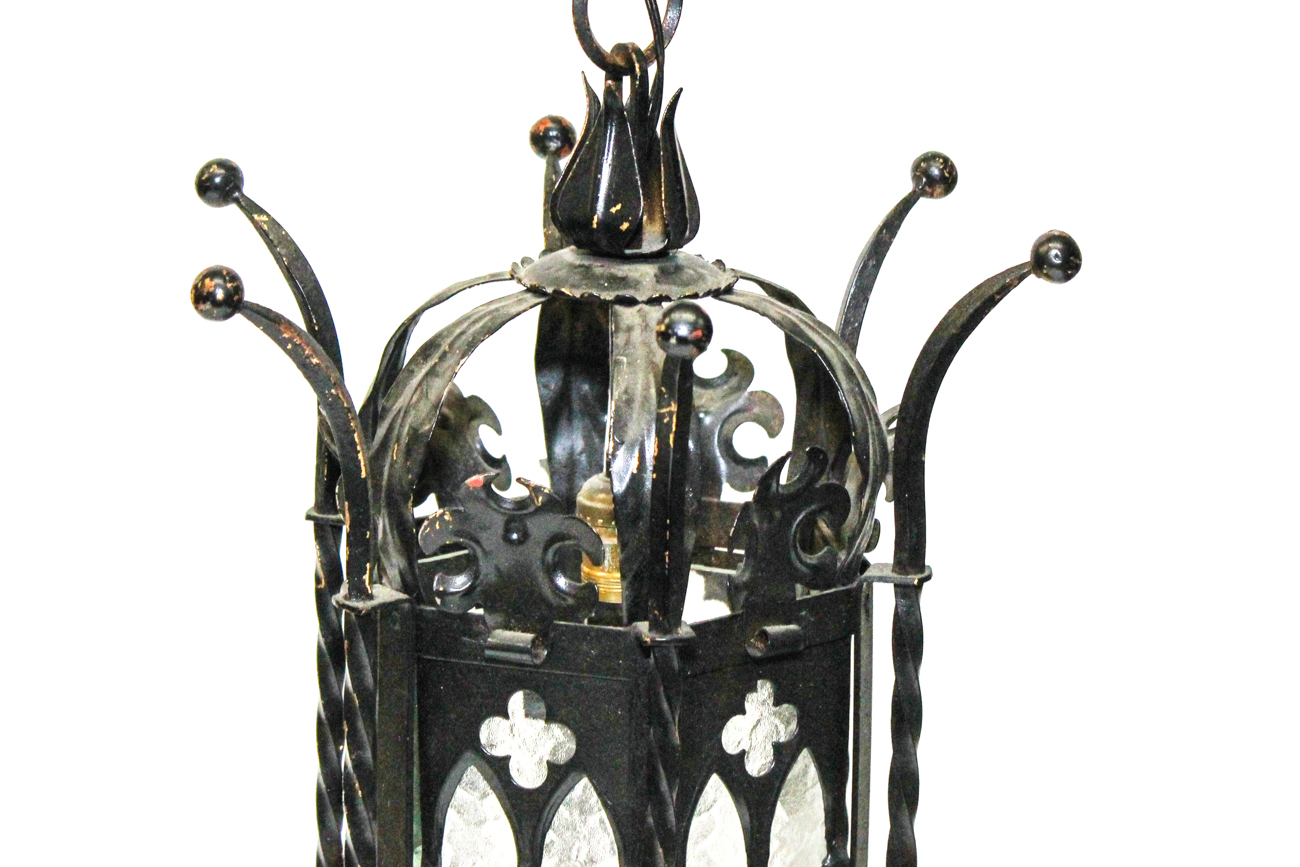 Gothic Style Wrought Iron and Glass Ceiling Light Fixture