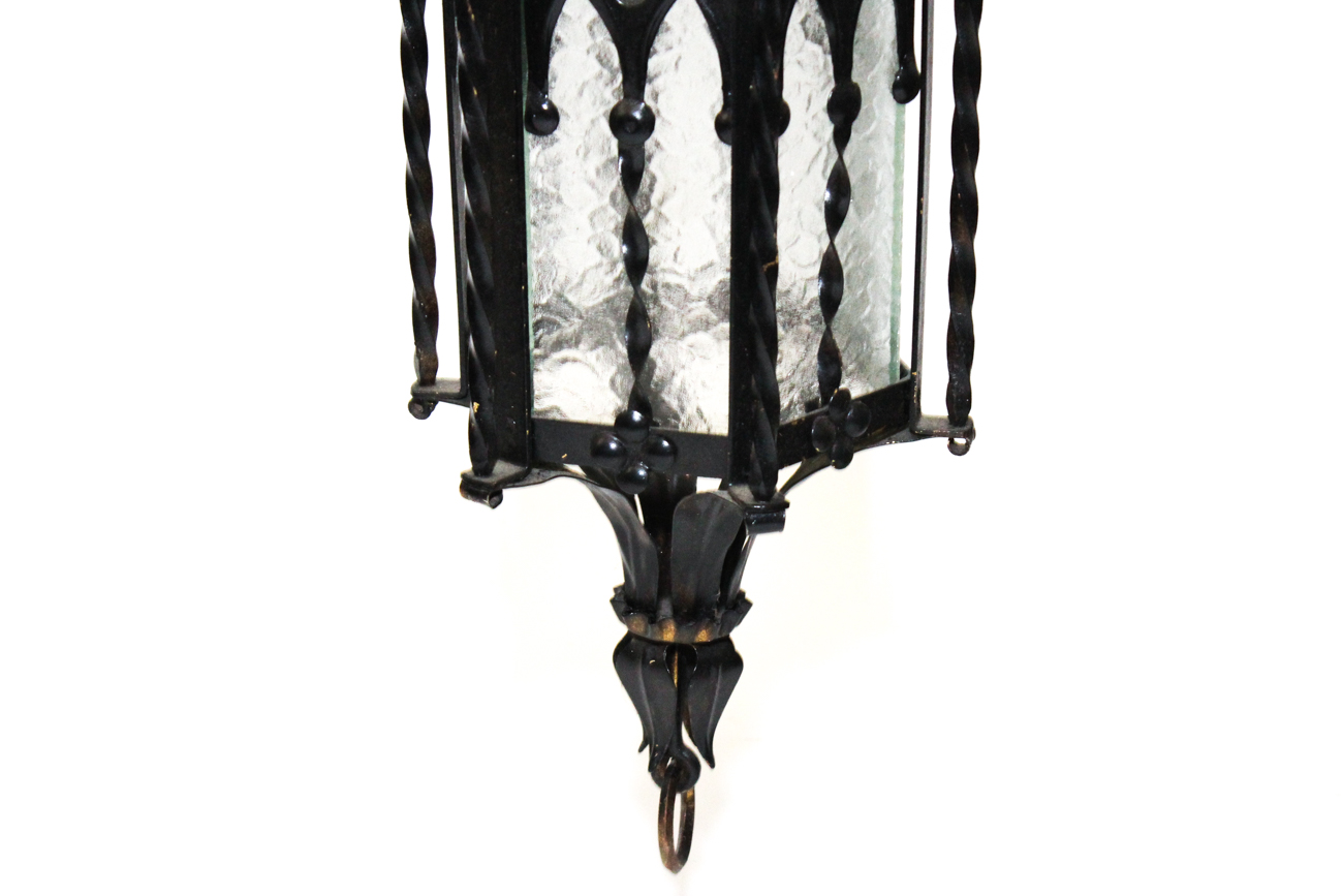 Gothic Style Wrought Iron and Glass Ceiling Light Fixture