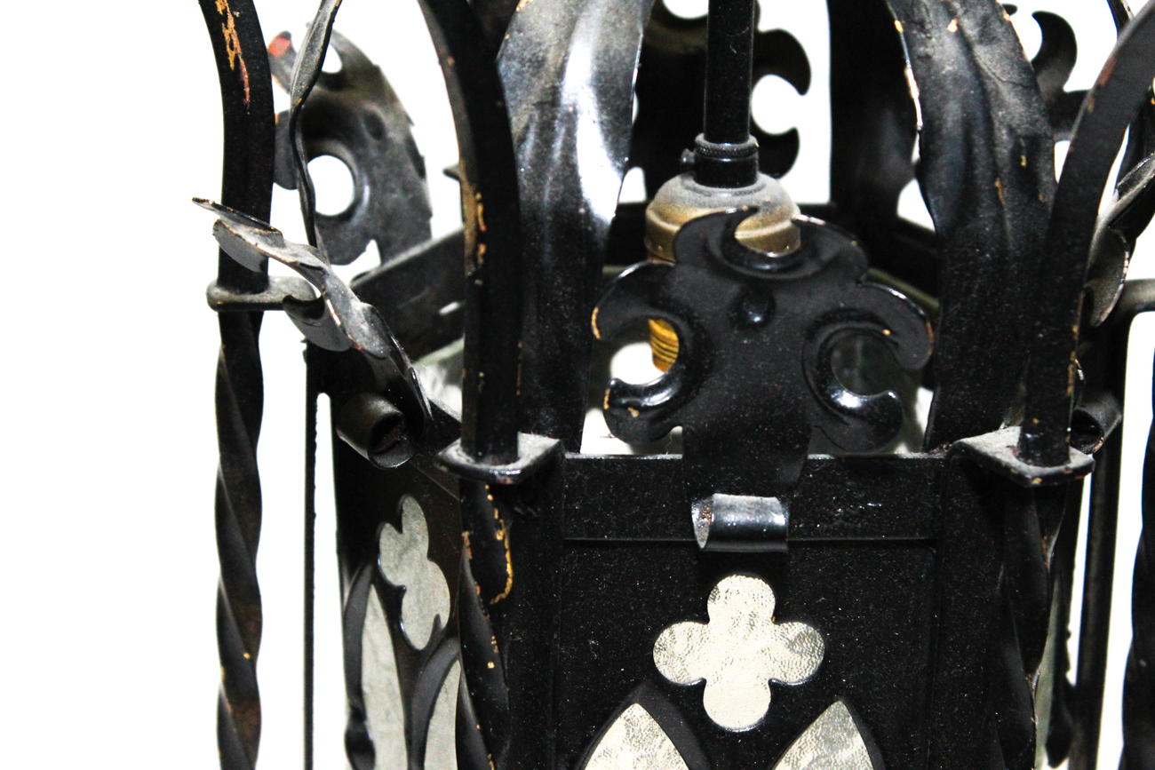 Gothic Style Wrought Iron and Glass Ceiling Light Fixture