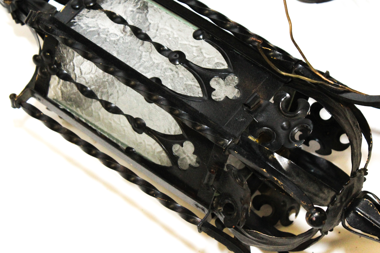 Gothic Style Wrought Iron and Glass Ceiling Light Fixture