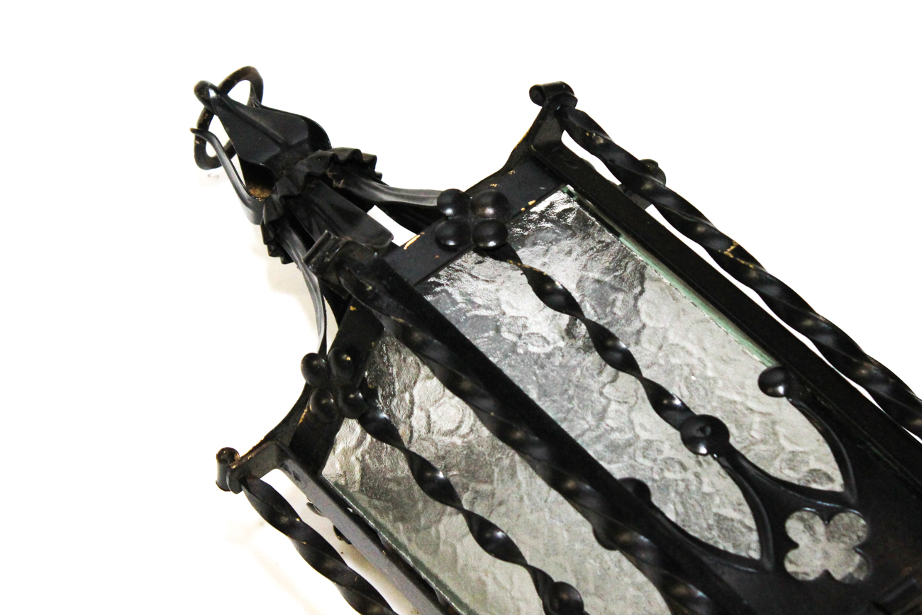 Gothic Style Wrought Iron and Glass Ceiling Light Fixture