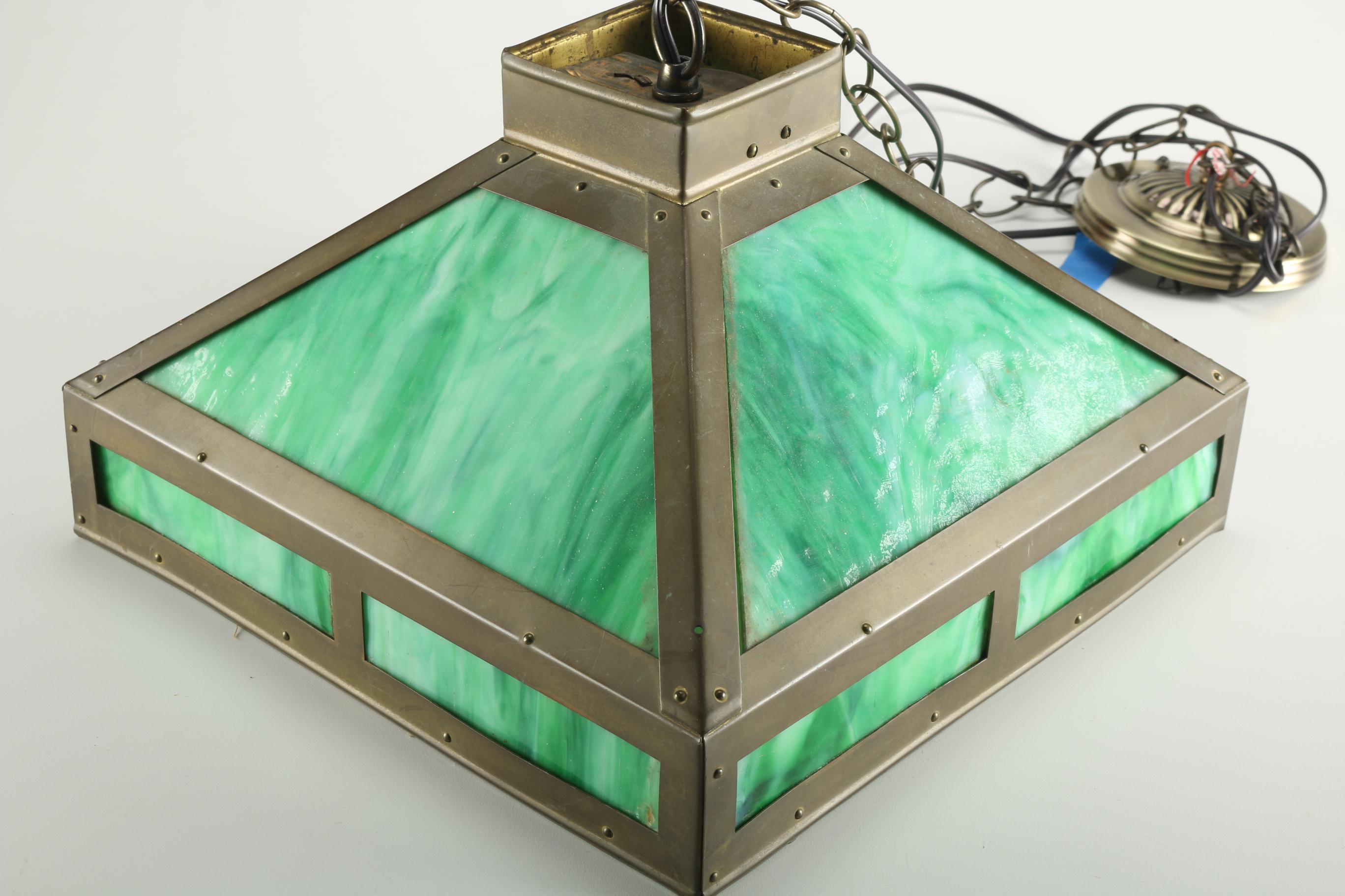 Vintage Hanging Light With Green Slag Glass Panels