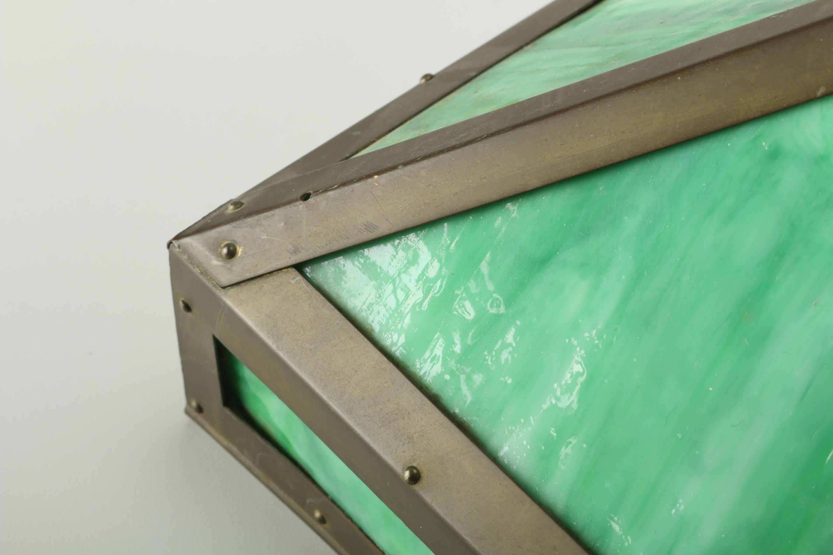 Vintage Hanging Light With Green Slag Glass Panels