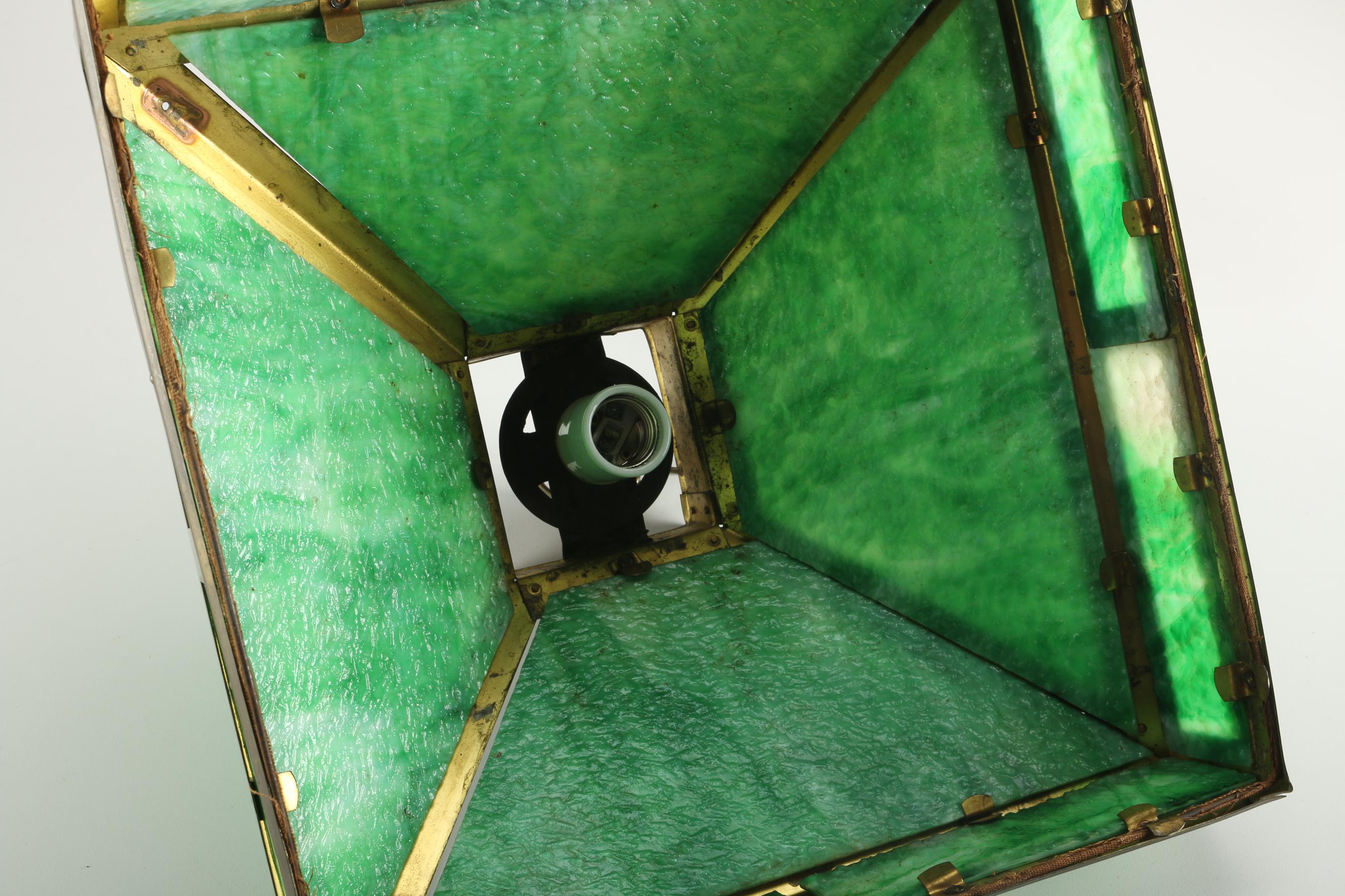 Vintage Hanging Light With Green Slag Glass Panels